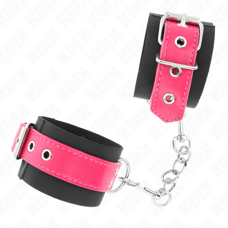 KINK - NYLON WRIST RESTRAINTS BLACK WITH LEATHERETTE BELT RASPBERRY ROSE ADJUSTABLE 19-29 CM X 5.1 CM - Afbeelding 3
