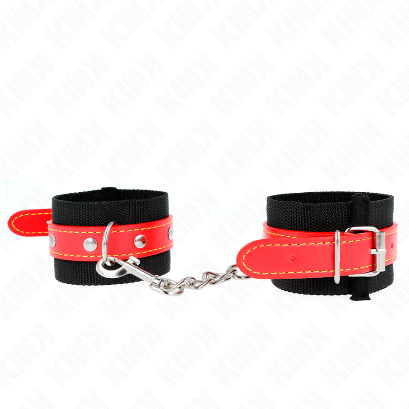 KINK - NYLON WRIST RESTRAINTS BLACK WITH LEATHERETTE RED ADJUSTABLE 19-24 CM X 5.5 CM - Afbeelding 3
