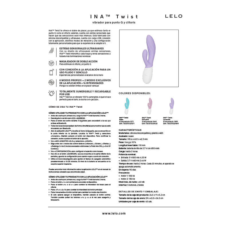 LELO - INA TWIST DOUBLE VIBRATOR RABBIT FOR G-SPOT AND CLITORIS LAVENDER - Afbeelding 8